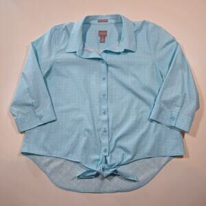 Chico's Women's Aqua 100% Cotton Coastal Button Up Shirt Size 2 Large Tie Front